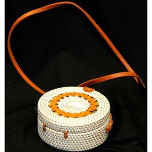 Round Crossbody Sm Woven Rattan White with Orange Accent, Brown Strap
